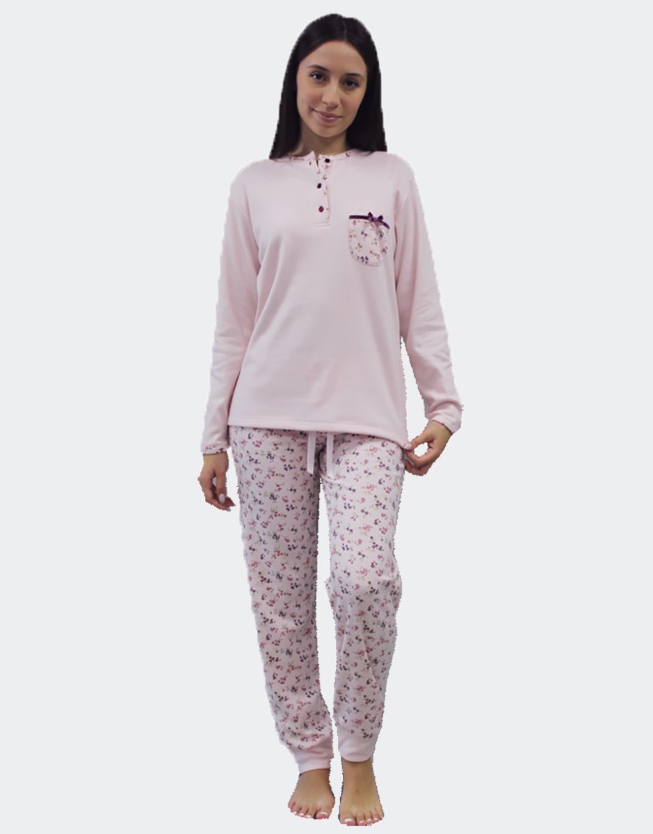 Pijama mujer punto felpa cuello redondo con tapeta y un bolsillo, pantalones a detalles estampados en florecillas