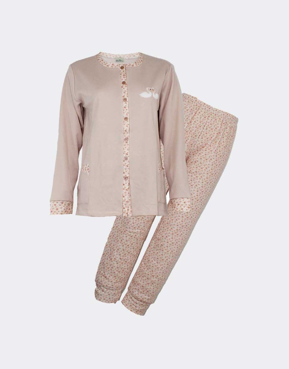 Pijama mujer punto felpa ABIERTO con detalle cisnes y pantalón estampado - Imagen 3