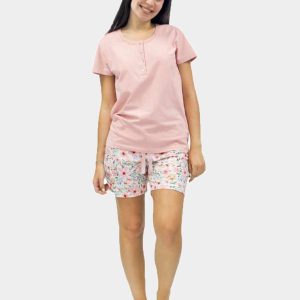 Pijama mujer punto CORTO camiseta lisa y pantalón estampado flores