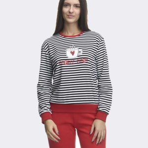 Pijama de mujer en punto felpa a rayas con taza corazón