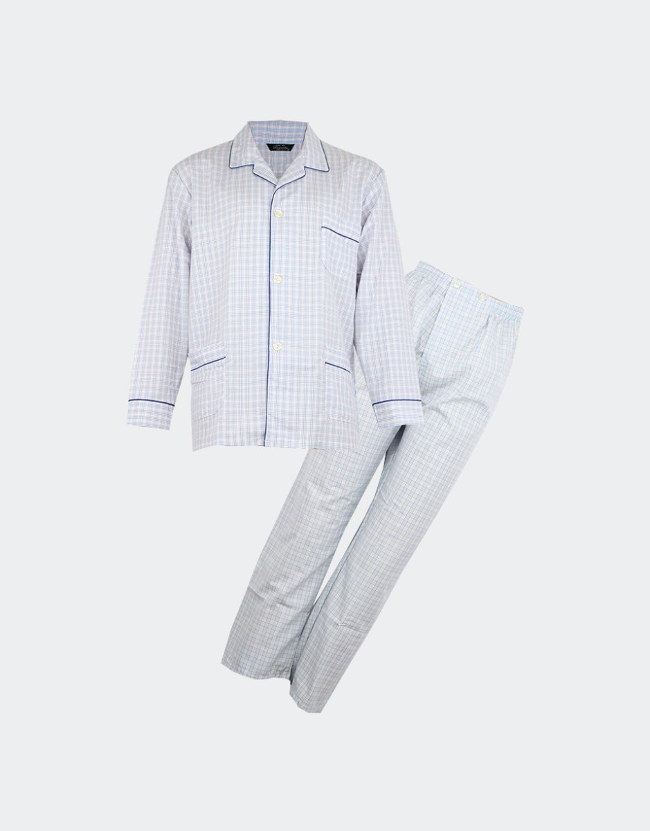 Pijama hombre tela largo cuadros azul rojo finos fondo blanco
