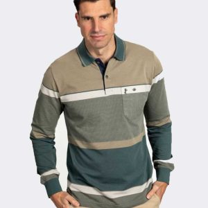 Polo de hombre punto piqué manga larga franja central bicolor verdoso y tostado