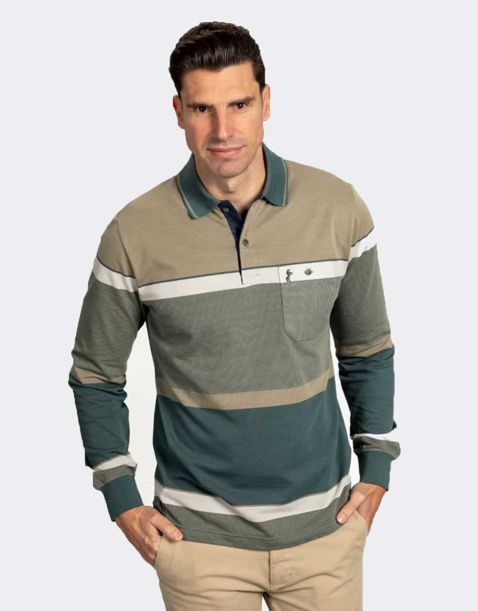 Polo de hombre punto piqué manga larga franja central bicolor verdoso y tostado - Imagen 2