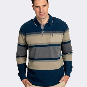 Polo de hombre punto piqué manga larga a franjas marrón y marino