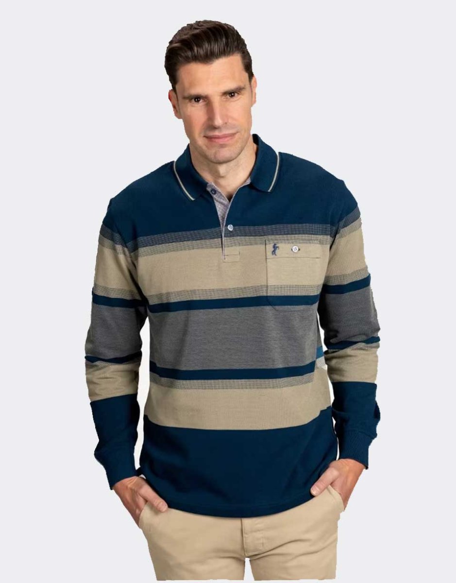 Polo de hombre punto piqué manga larga a franjas marrón y marino