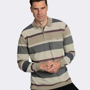 Polo hombre de punto piqué manga larga franjas tonos tierra y morado