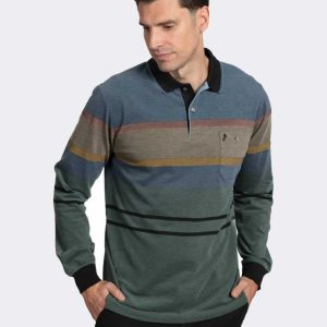 Polo de hombre punto piqué manga larga franjas franjas diferentes tamaños con detalle cuello dos líneas azul