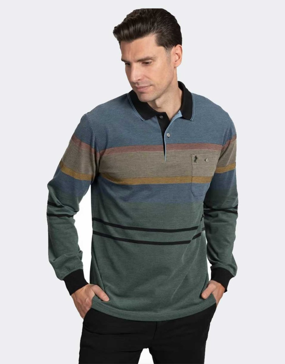 Polo de hombre punto piqué manga larga franjas franjas diferentes tamaños con detalle cuello dos líneas azul - Imagen 2