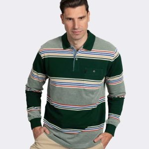 Polo hombre de punto piqué manga larga verde con rayas de colores