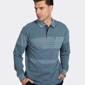 Polo de hombre punto piqué manga larga con líneas y alguna franja