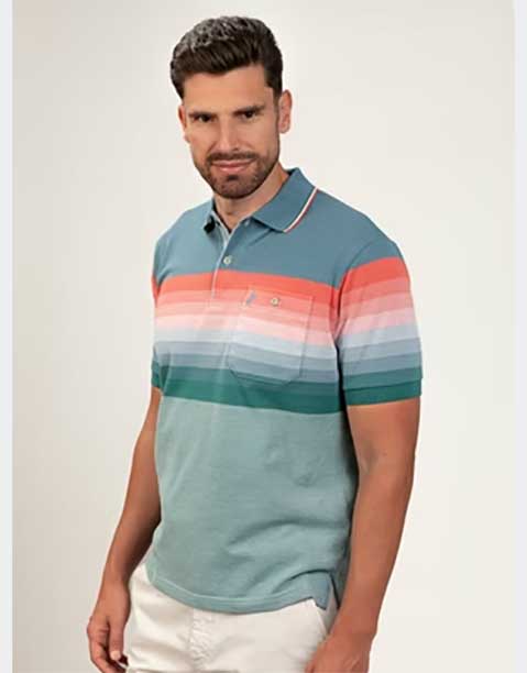 Polo hombre manga corta punto piqué con franjas haciendo degradado de color