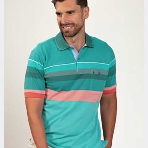 Polo hombre punto piqué manga corta con franjas verde y franjas varios colores y tamaños