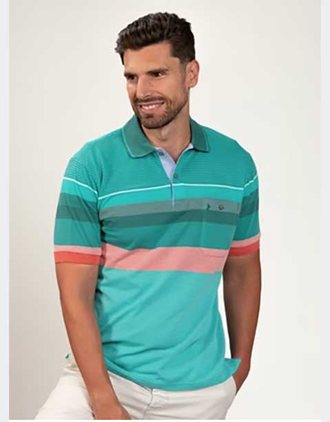 Polo hombre punto piqué manga corta con franjas verde y franjas varios colores y tamaños - Imagen 2
