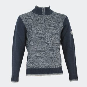 Polo hombre punto grueso cuello cremallera azul marino y gris en cuadritos en relieve