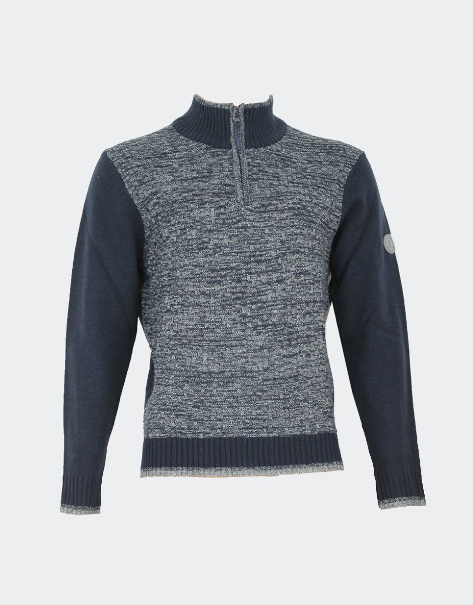 Polo hombre punto grueso cuello cremallera azul marino y gris en cuadritos en relieve