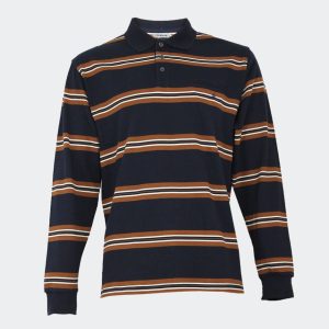 Polo hombre punto fino con bolsillo, azul marino con rayas marrón y blanco