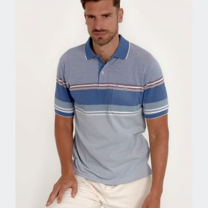 Polo hombre punto piqué con rayas en diferentes azules con bolsillo