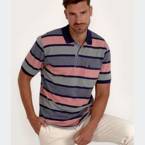 Polo hombre punto con listas estrechas marino y listas anchas en jaspeado rosado, verde y marino