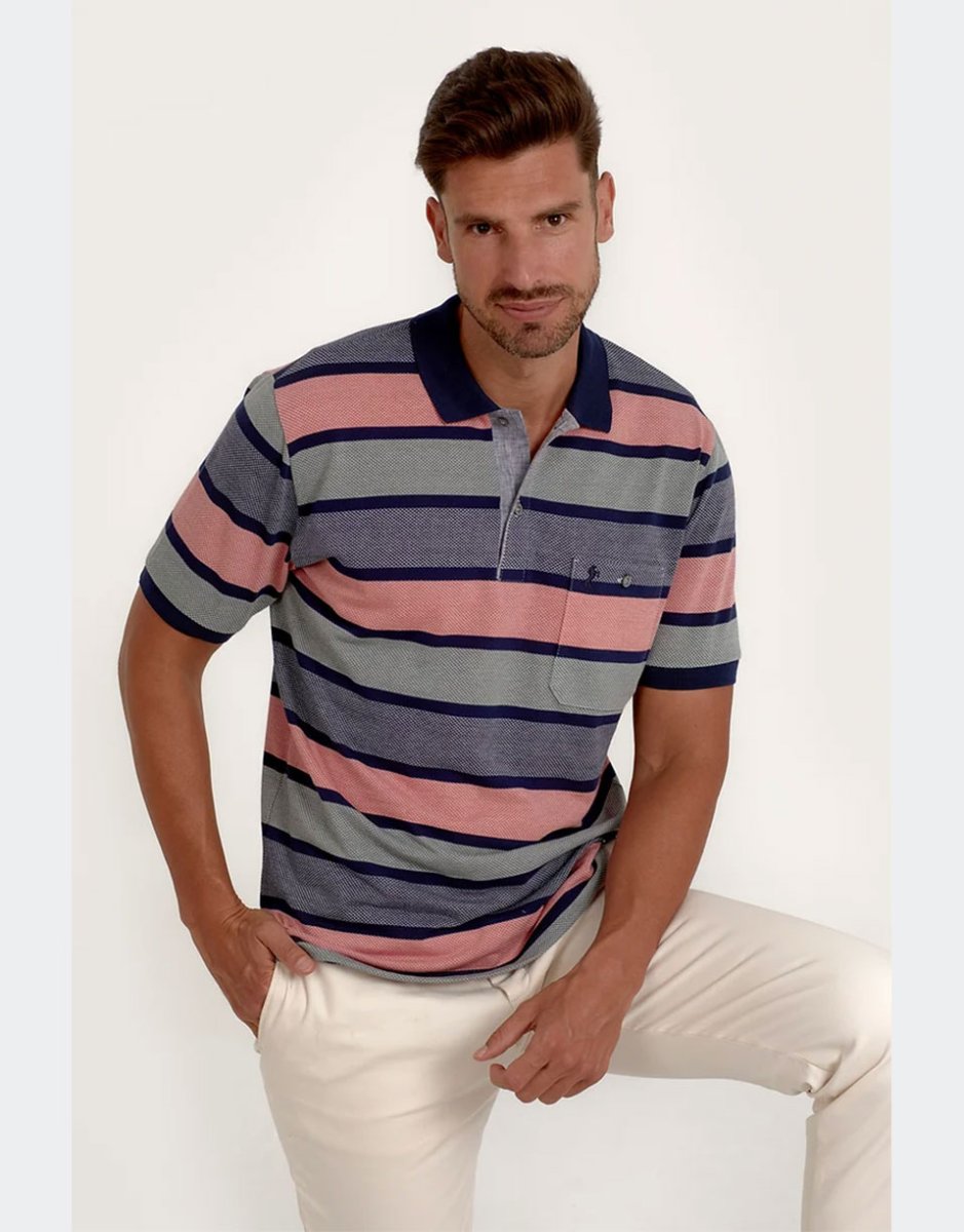 Polo hombre punto con listas estrechas marino y listas anchas en jaspeado rosado, verde y marino - Imagen 2