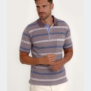 Polo hombre jaspeado lila con pequeñas rayas blanca y azul