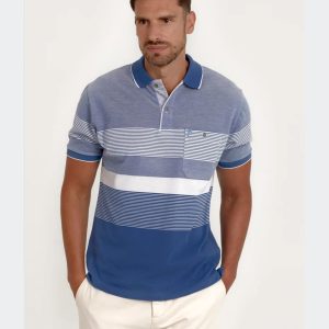 Polo hombre punto manga corta jaspeado y rayas combinadas en celeste