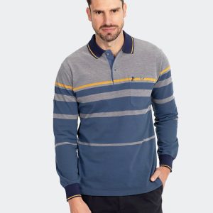 Polo hombre manga larga punto piqué un poco felpado con bolsillo y botón, semiliso con rayas pequeñas