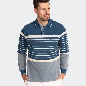 Polo hombre manga larga punto piqué un poco felpado con bolsillo y botón, franjas blancas diferentes tamaños