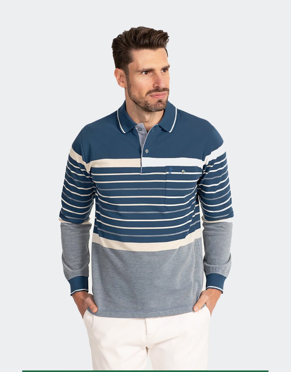 Polo hombre manga larga punto piqué un poco felpado con bolsillo y botón, franjas blancas diferentes tamaños