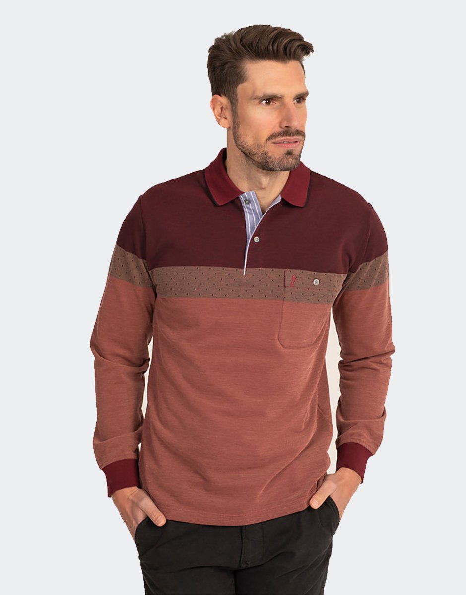 Polo hombre manga larga punto piqué un poco felpado con bolsillo y botón, franjas diferentes tonos - Imagen 3