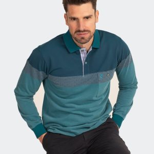 Polo hombre manga larga punto piqué un poco felpado con bolsillo y botón, franjas diferentes tonos