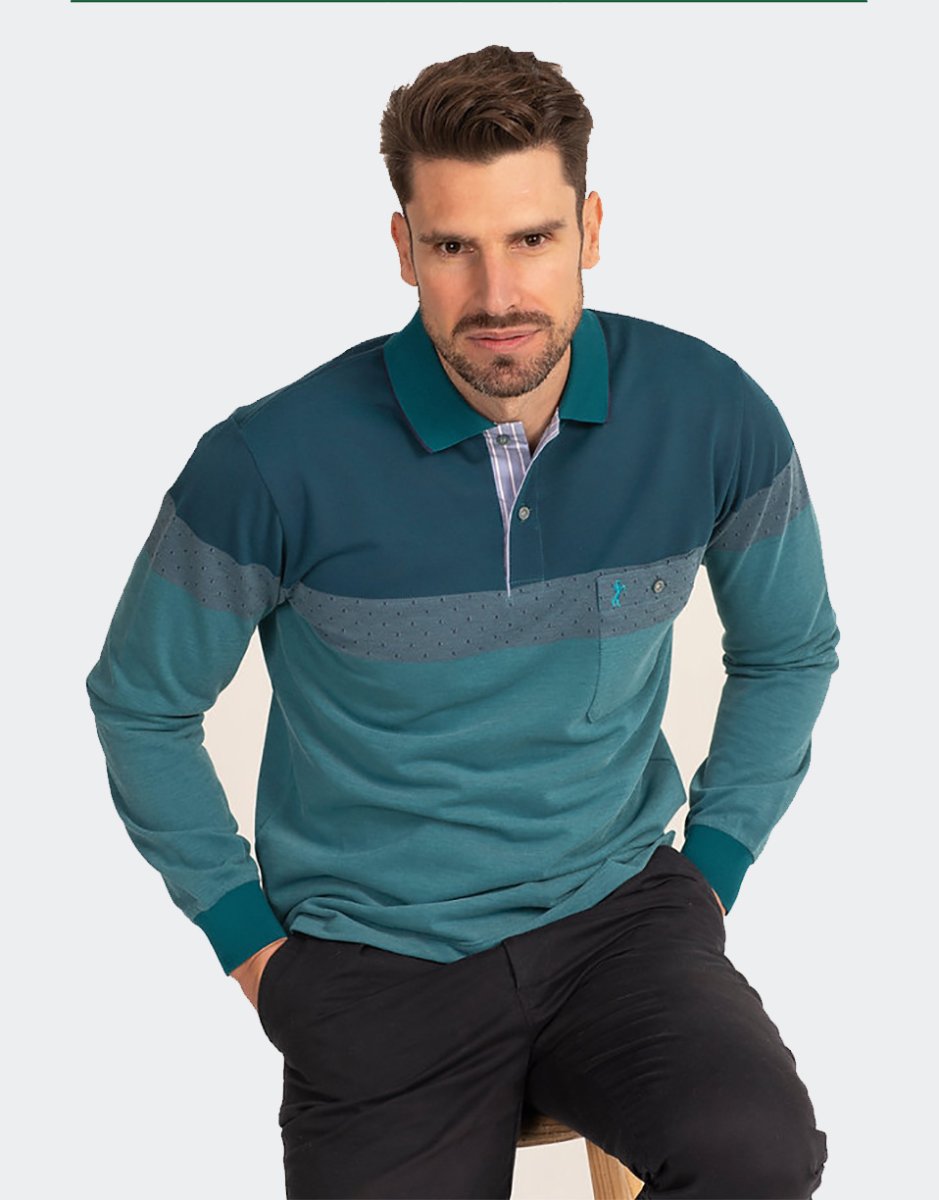 Polo hombre manga larga punto piqué un poco felpado con bolsillo y botón, franjas diferentes tonos - Imagen 2