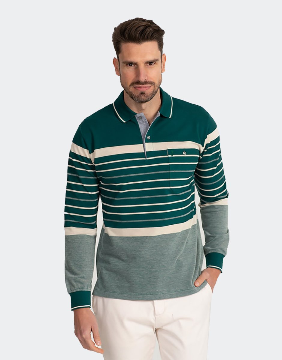 Polo hombre manga larga punto piqué un poco felpado con bolsillo y botón, franjas blancas diferentes tamaños - Imagen 3