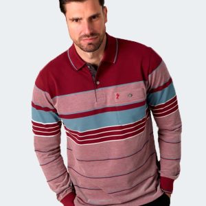 Polo hombre manga larga punto un poco felpado  color burdeos con listas de color gris y vigoré