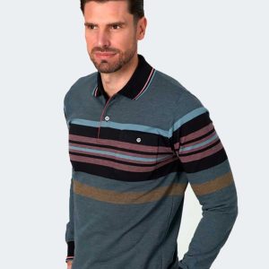 Polo hombre punto poco felpado manga larga color azulado vigoré con franjas en el pecho