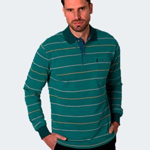 Polo hombre punto piqué manga larga en rayas desiguales sobre fondo verdoso