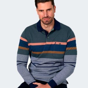 Polo hombre punto manga larga rayas gruesas en el centro de diferentes colores y parte superior e inferior en vigoré