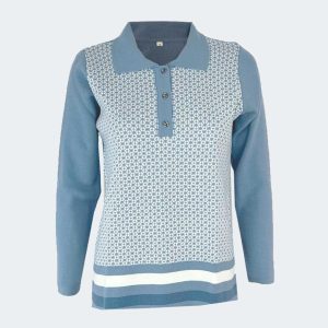 Jersey polo mujer punto con cuello y tres botones, estampado geométrico y bajo en rayas