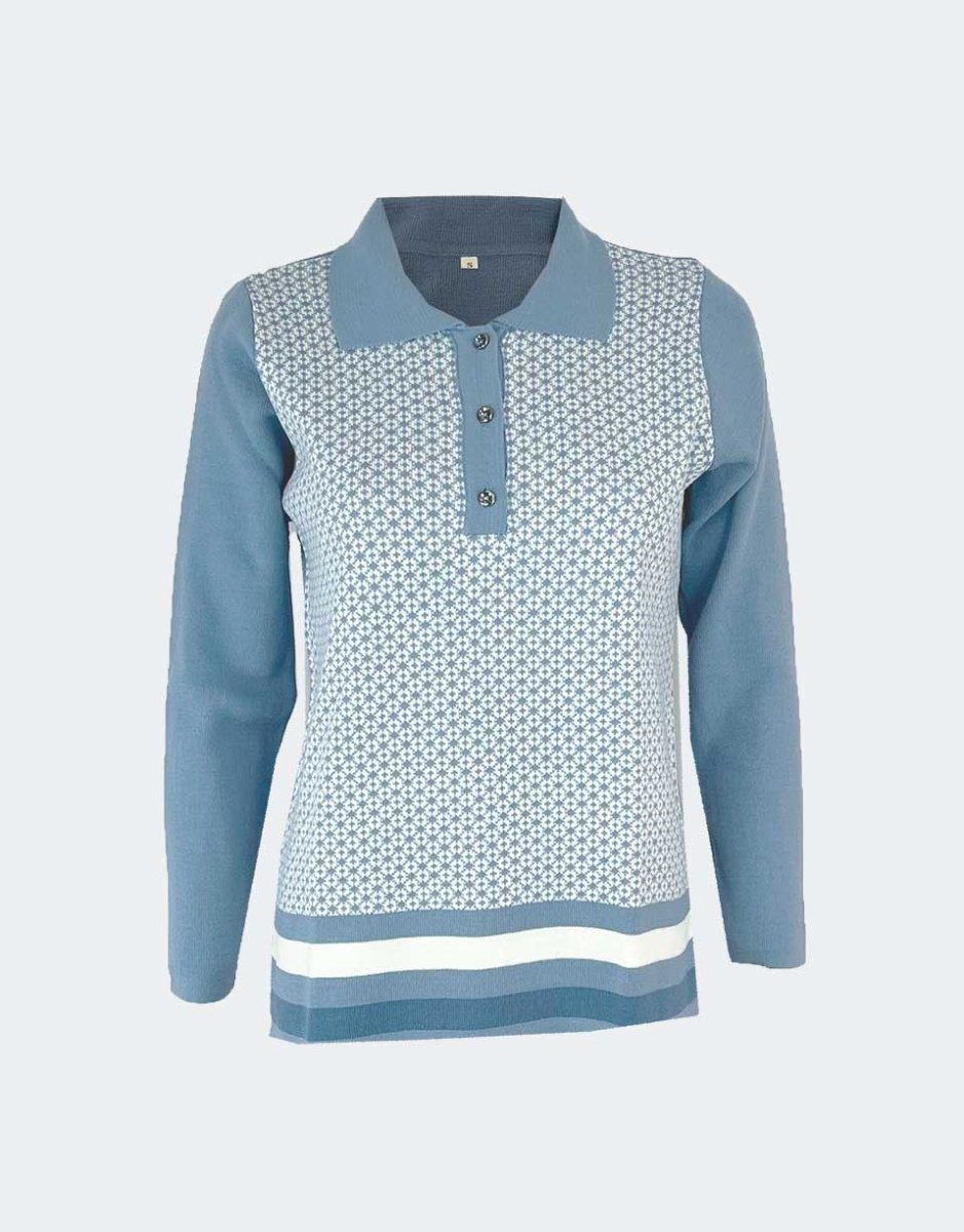 Jersey polo mujer punto con cuello y tres botones, estampado geométrico y bajo en rayas - Imagen 2
