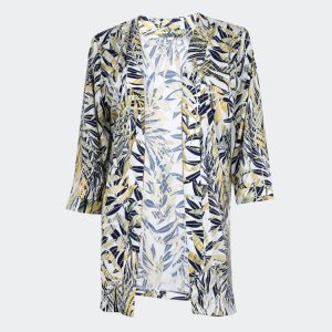 Sobrecamisa mujer punto estampado en hojas en marino y amarillo