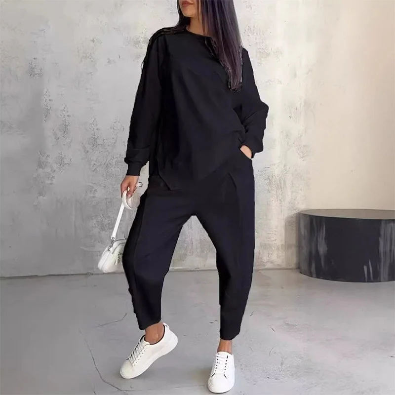 Conjunto casual de sudadera con bajo irregular y pantalón largo - Imagen 3