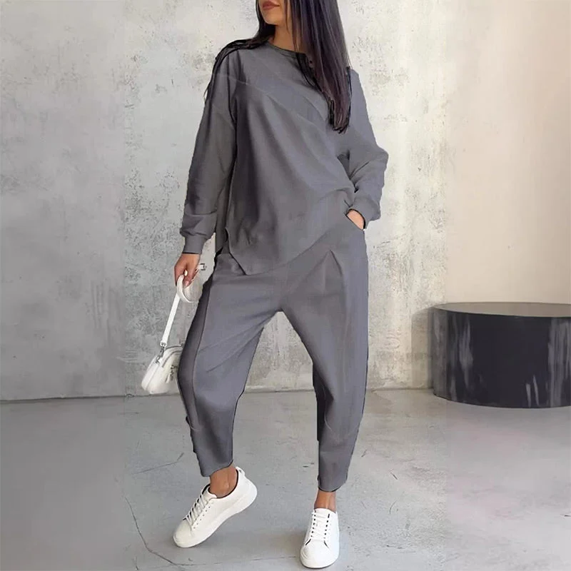 Conjunto casual de sudadera con bajo irregular y pantalón largo - Imagen 4