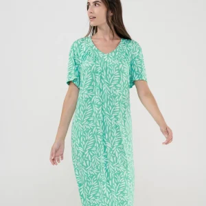 Vestido de Baño Lohe Corto Estampado Hojas Blancas con Manga Corta y Bolsillos